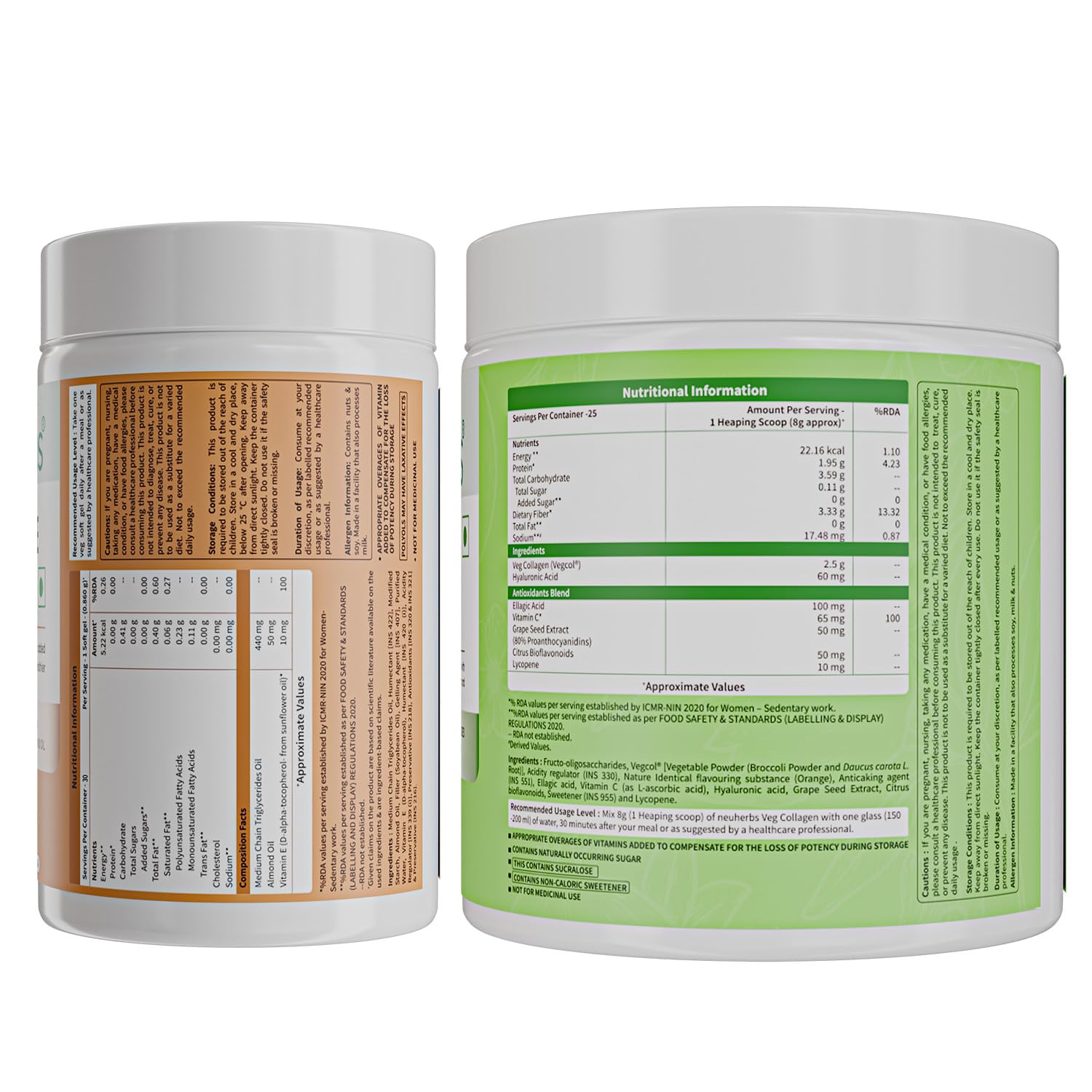 Neuherbs Veg Collagen Supplement Combo, Orange Flavor, 200g Powder & 30 Capsules, Vegan Formula - ingredients panel