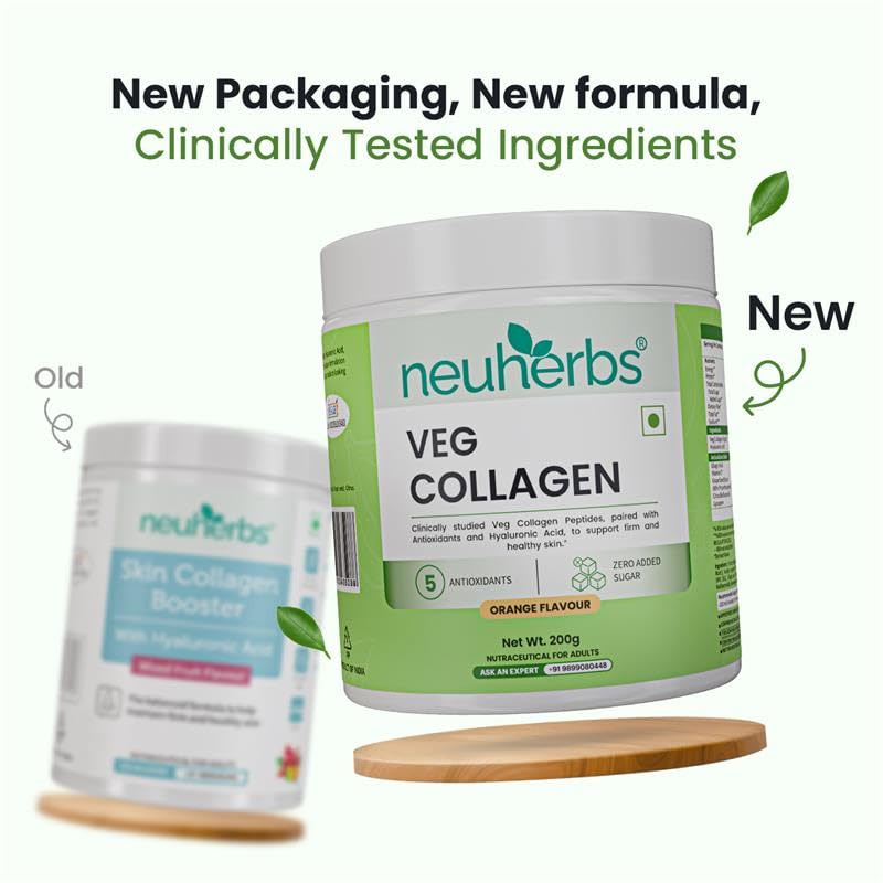 Neuherbs Veg Collagen Supplement Combo, Orange Flavor, 200g Powder & 30 Capsules, Vegan Formula - front view (9)