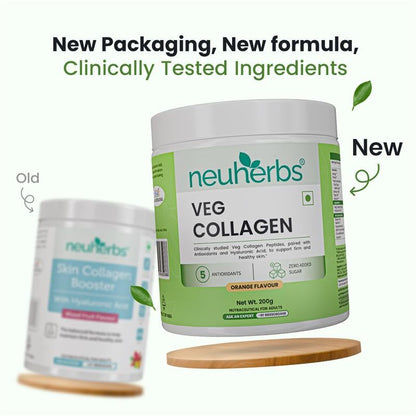 Neuherbs Veg Collagen Supplement Combo, Orange Flavor, 200g Powder & 30 Capsules, Vegan Formula - front view (9)