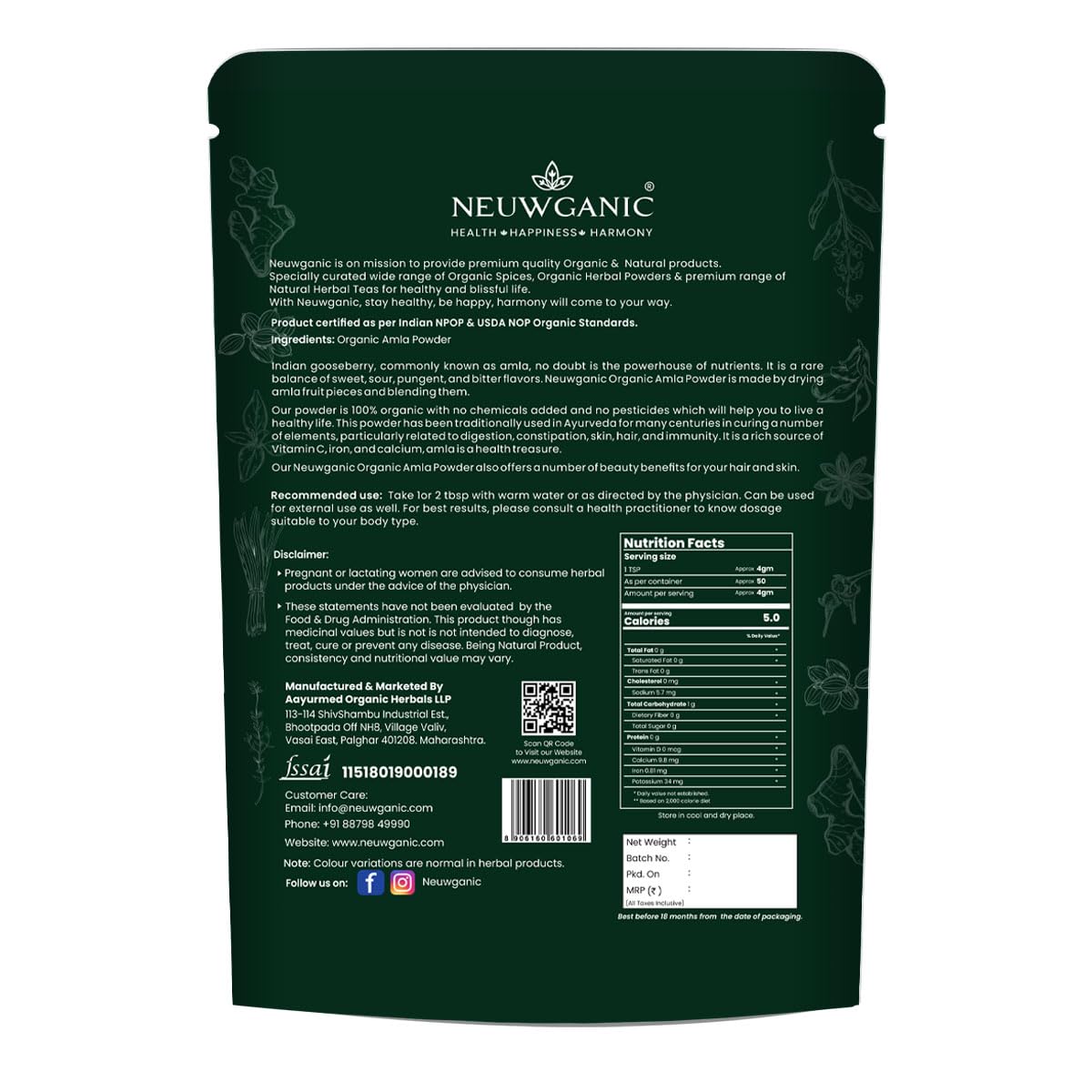 Neuwganic Organic Amla Powder, USDA & India Organic Certified, Emblica Officinalis Fruit Powder, Powder - front view