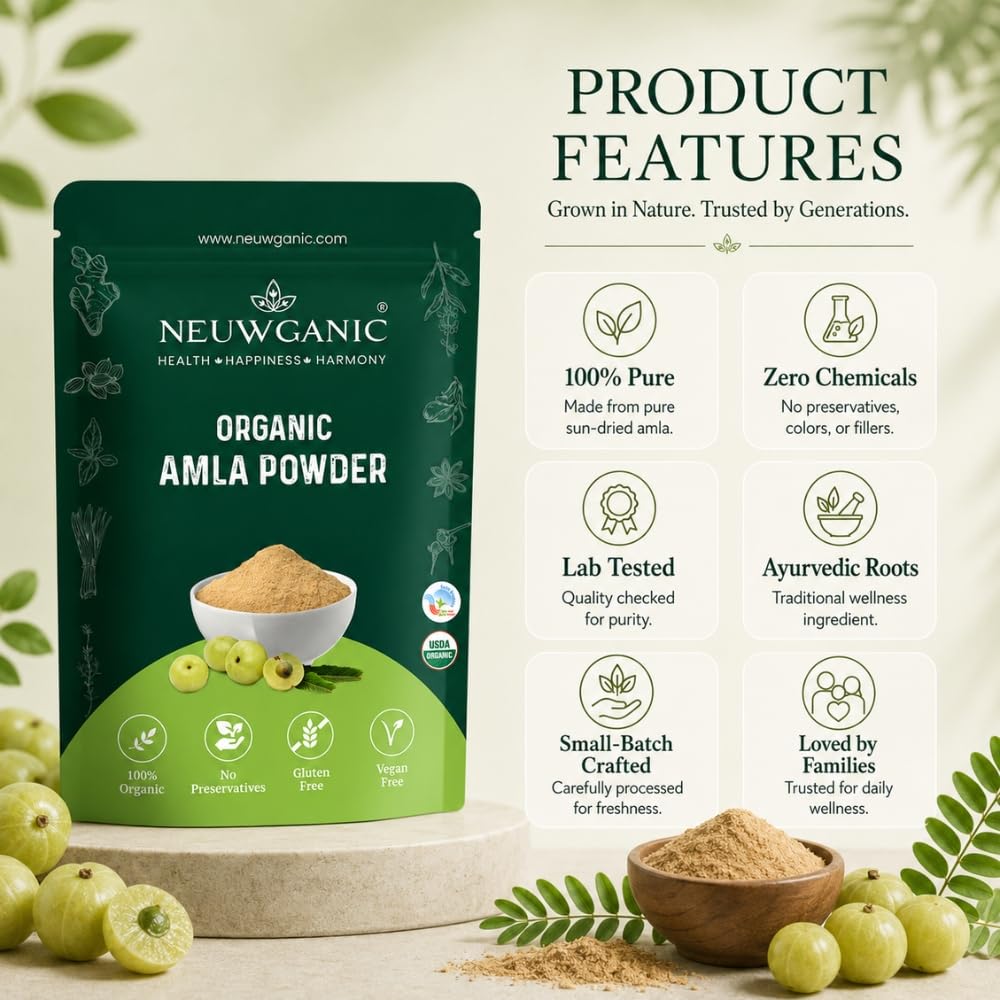 Neuwganic Organic Amla Powder, USDA & India Organic Certified, Emblica Officinalis Fruit Powder, Powder - in use