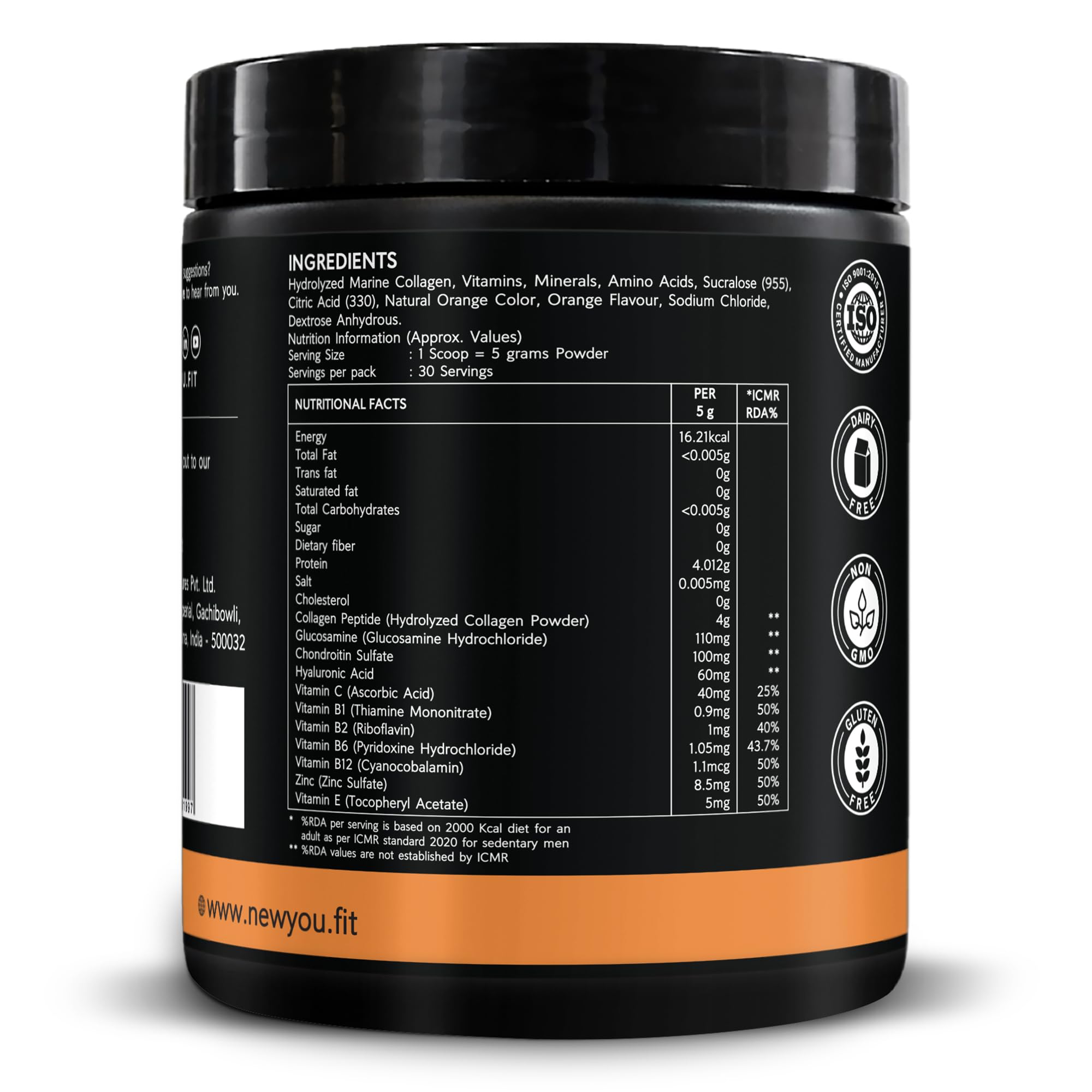 NEWYOU Marine Collagen Powder, Orange Flavour, Hydrolyzed Peptides, Unisex Teen Supplement - close-up detail (30)