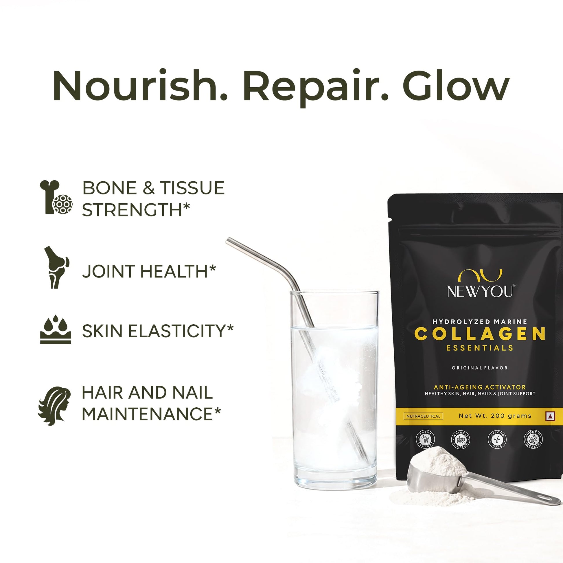 NEWYOU Marine Collagen Powder, Orange Flavour, Hydrolyzed Peptides, Unisex Teen Supplement - front view (48)