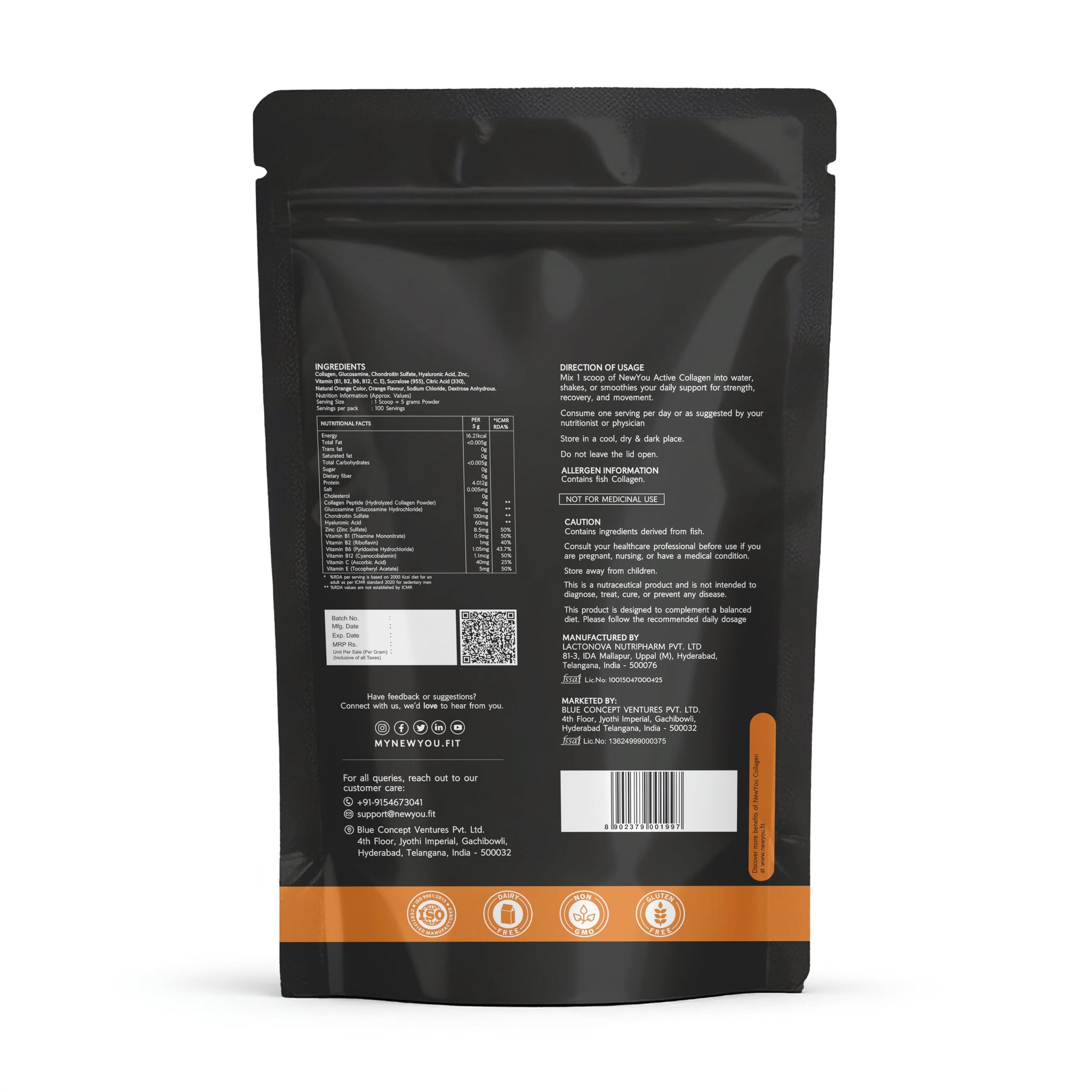 NEWYOU Marine Collagen Powder, Orange Flavour, Hydrolyzed Peptides, Unisex Teen Supplement - ingredients panel (56)