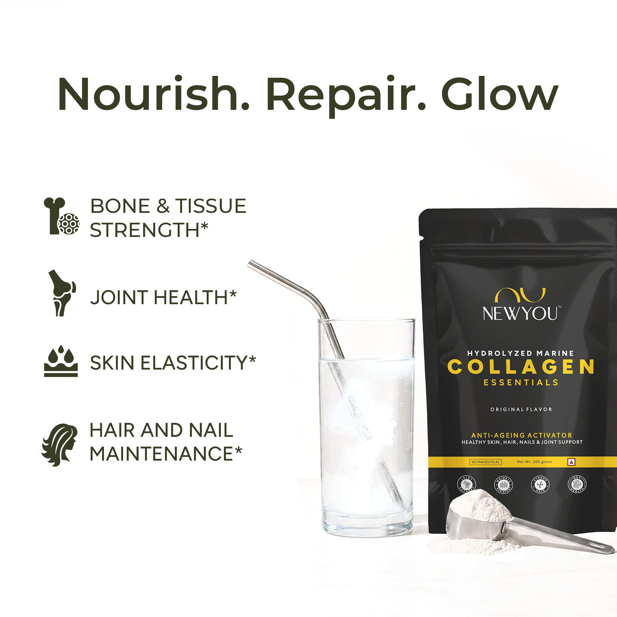 NEWYOU Marine Collagen Powder, Orange Flavour, Hydrolyzed Peptides, Unisex Teen Supplement - front view (58)