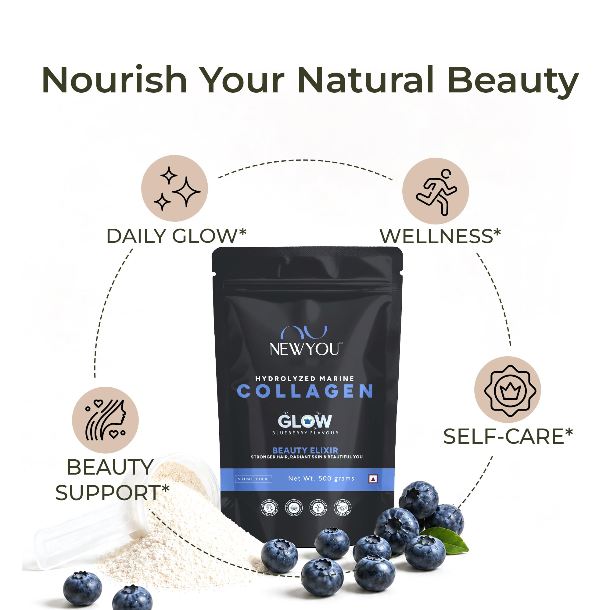 NEWYOU Marine Collagen Powder, Orange Flavour, Hydrolyzed Peptides, Unisex Teen Supplement - front view (60)