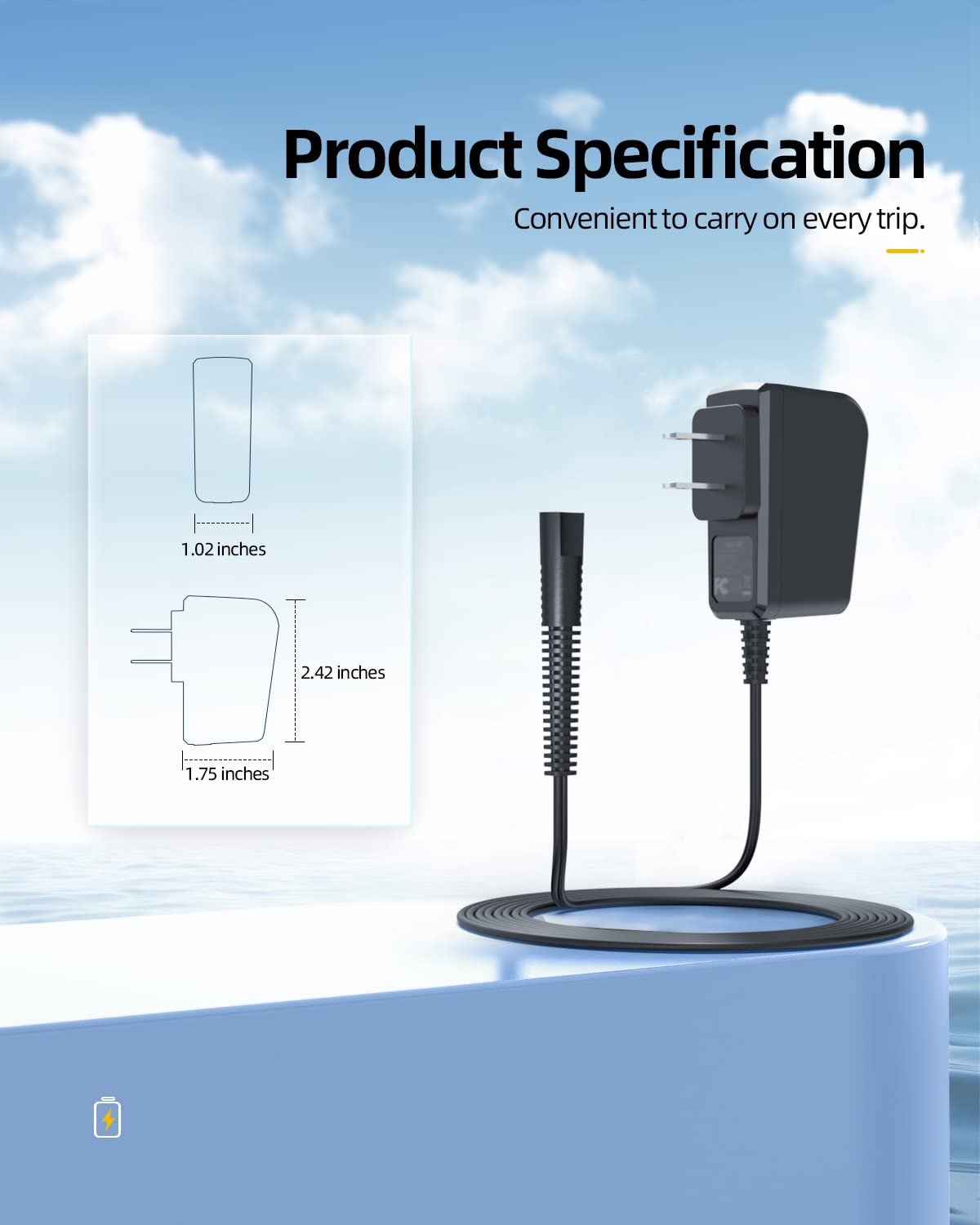 Nicpower 12V Shaver Charger Cord Compatible with Braun Series 3 7 9 5 1 Electric Shavers, 12V 0.4A Adapter - back view