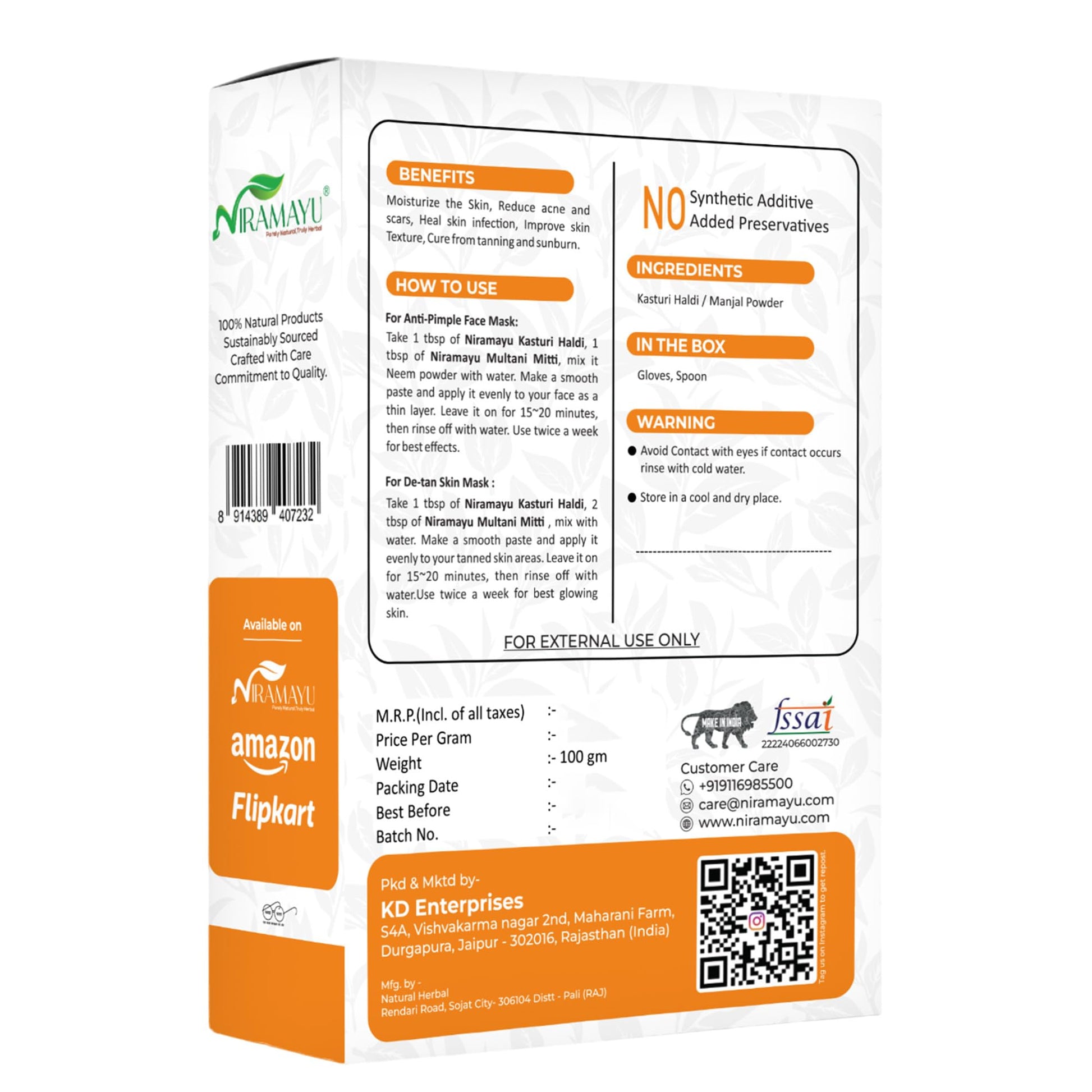 NIRAMAYU Kasturi Haldi (Wild Turmeric) Powder for Face, 100g, Paraben-Free Herbal Face Pack - front view
