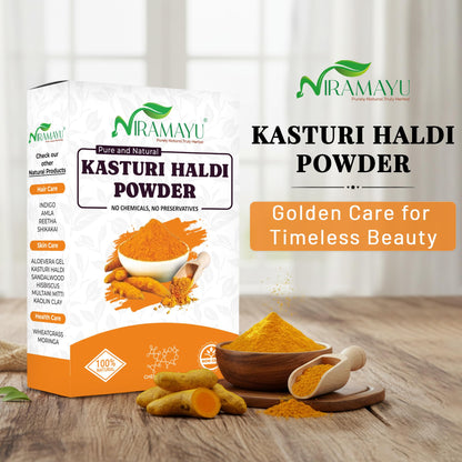 NIRAMAYU Kasturi Haldi (Wild Turmeric) Powder for Face, 100g, Paraben-Free Herbal Face Pack - back view