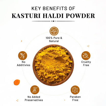 NIRAMAYU Kasturi Haldi (Wild Turmeric) Powder for Face, 100g, Paraben-Free Herbal Face Pack - label detail