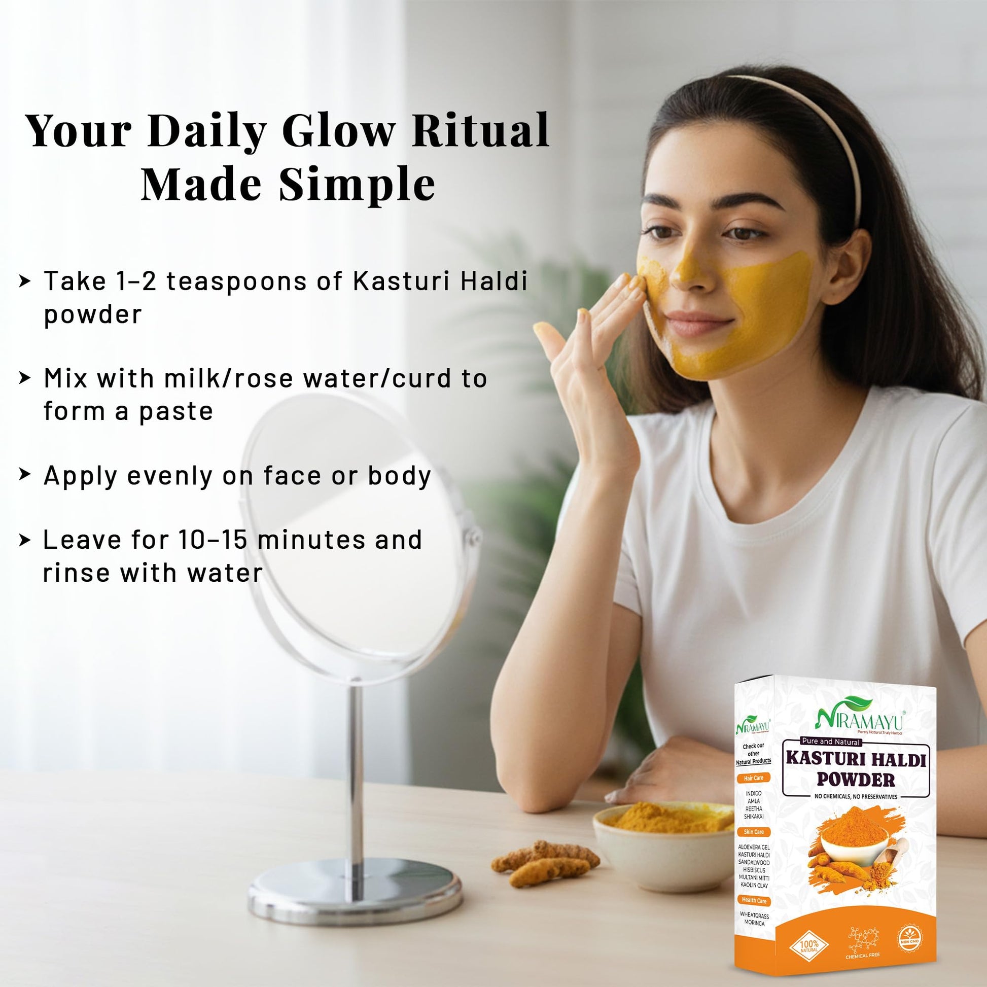 NIRAMAYU Kasturi Haldi (Wild Turmeric) Powder for Face, 100g, Paraben-Free Herbal Face Pack - ingredients panel