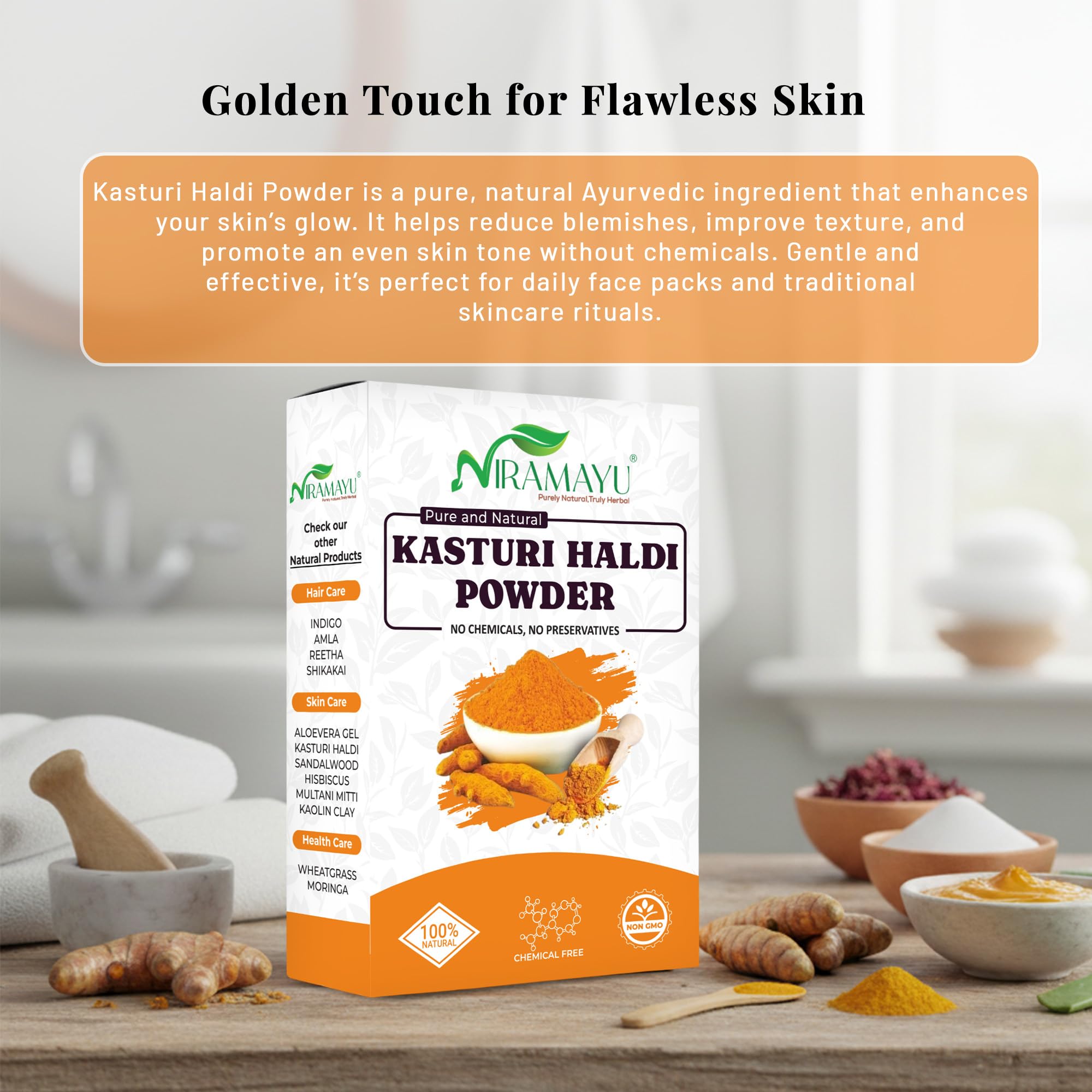 NIRAMAYU Kasturi Haldi (Wild Turmeric) Powder for Face, 100g, Paraben-Free Herbal Face Pack - close-up detail