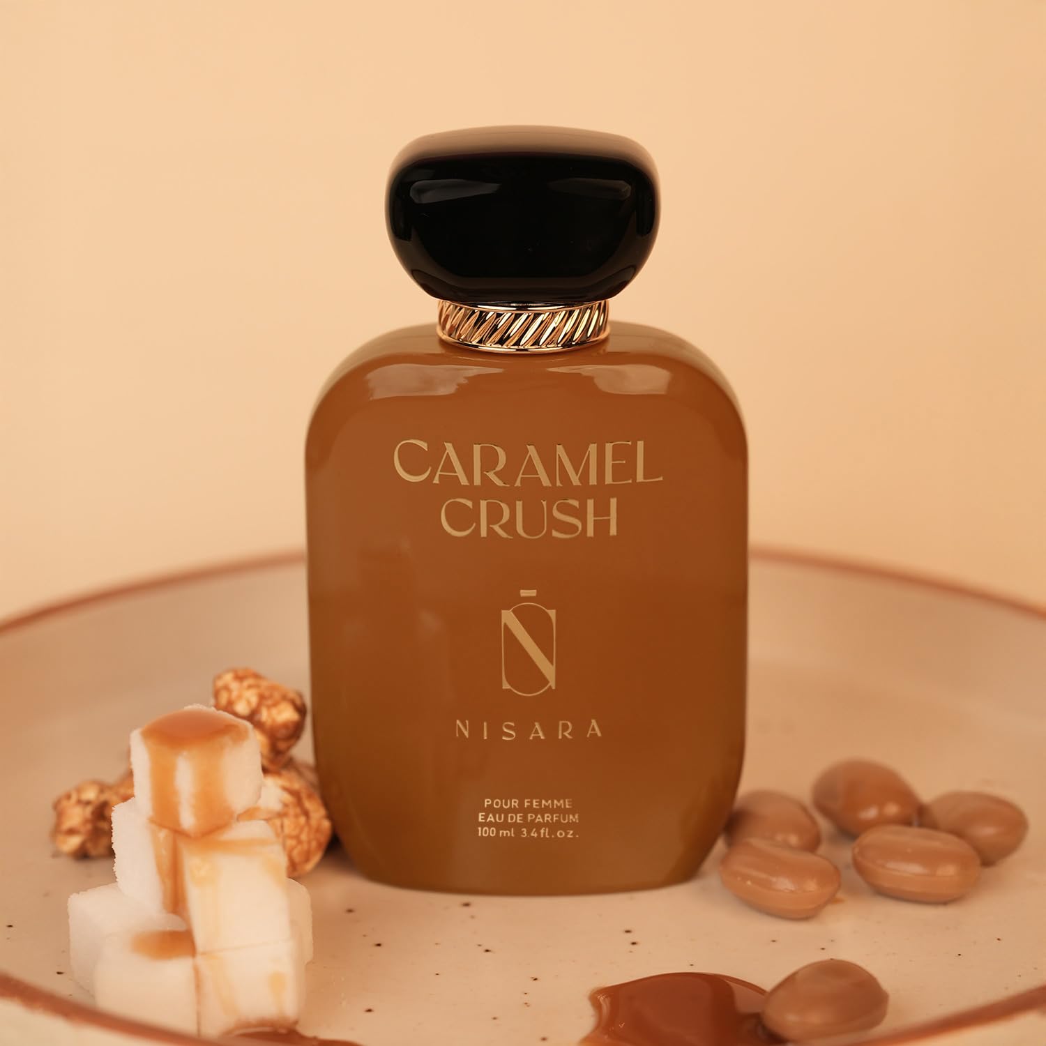 NISARA Caramel Crush Eau de Parfum for Women, 100ml, Caramel Apple Rose Vanilla Scent - label detail