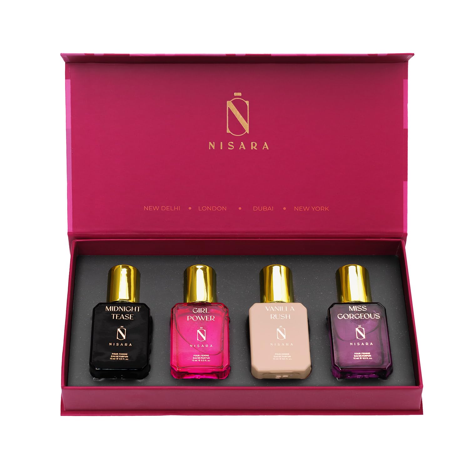 NISARA Women EDP Perfume Gift Set, 4x15ml, Four Scents, Eau de Parfum, Floral/Fruity/Musky, Travel Size
