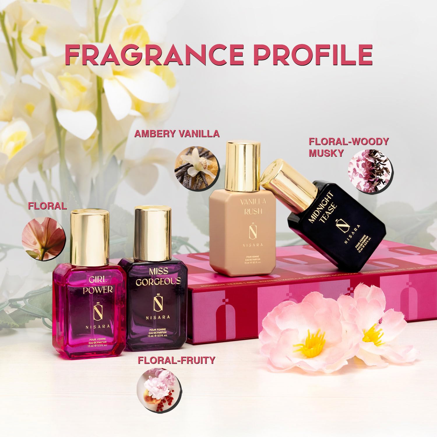 NISARA Women EDP Perfume Gift Set, 4x15ml, Four Scents, Eau de Parfum, Floral/Fruity/Musky, Travel Size - front view