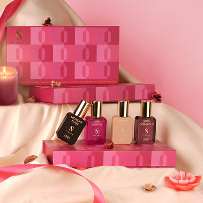 NISARA Women EDP Perfume Gift Set, 4x15ml, Four Scents, Eau de Parfum, Floral/Fruity/Musky, Travel Size - packaging