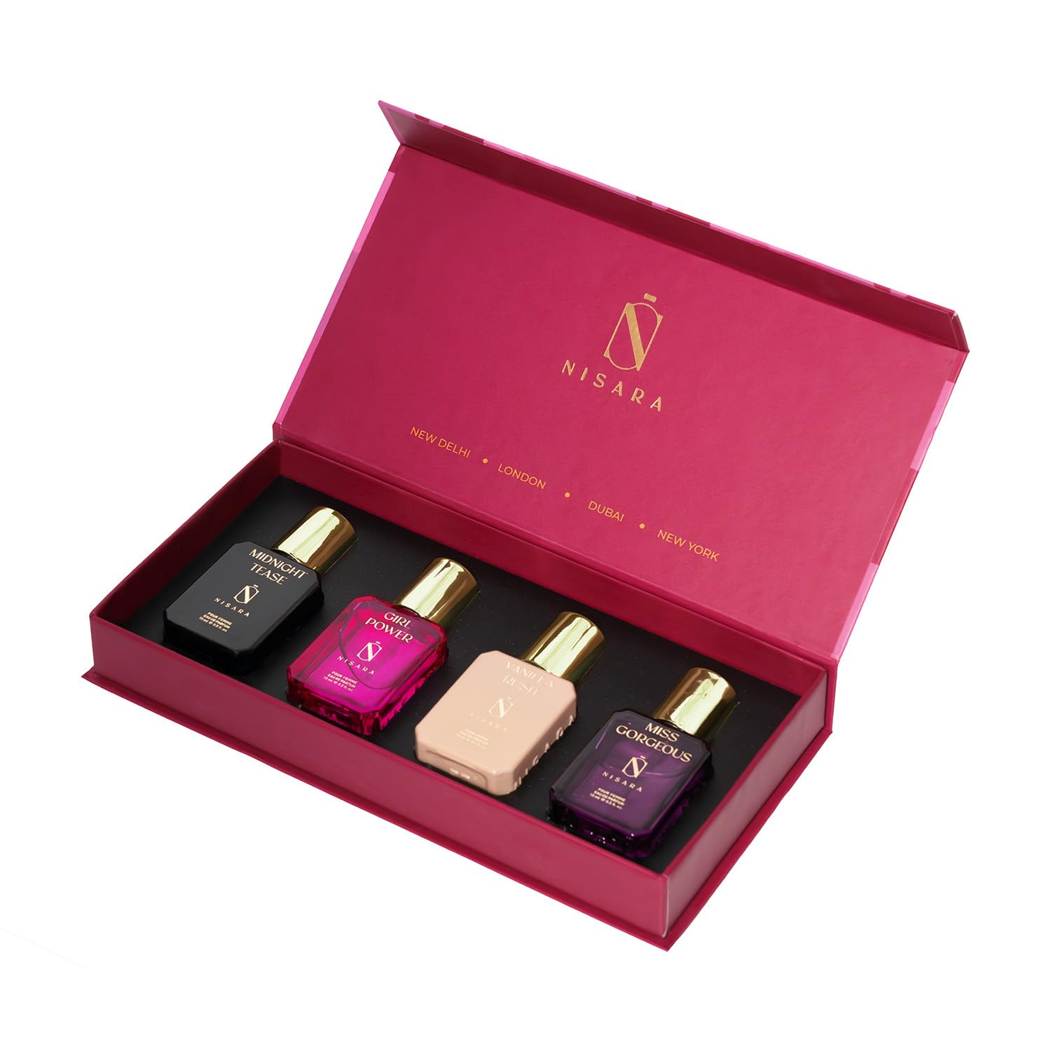 NISARA Women EDP Perfume Gift Set, 4x15ml, Four Scents, Eau de Parfum, Floral/Fruity/Musky, Travel Size - close-up detail
