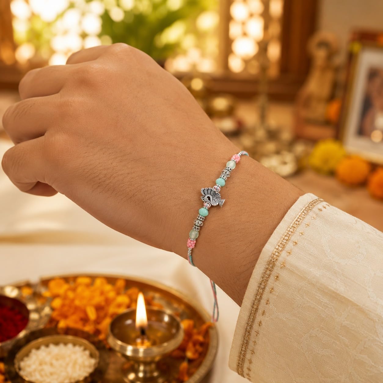 Nishsphere Pearl & Meenakari Designer Bhaiya Rakhi with Roli Chawal, Traditional Moli Raksha Bandhan Bracelet for Brother - f