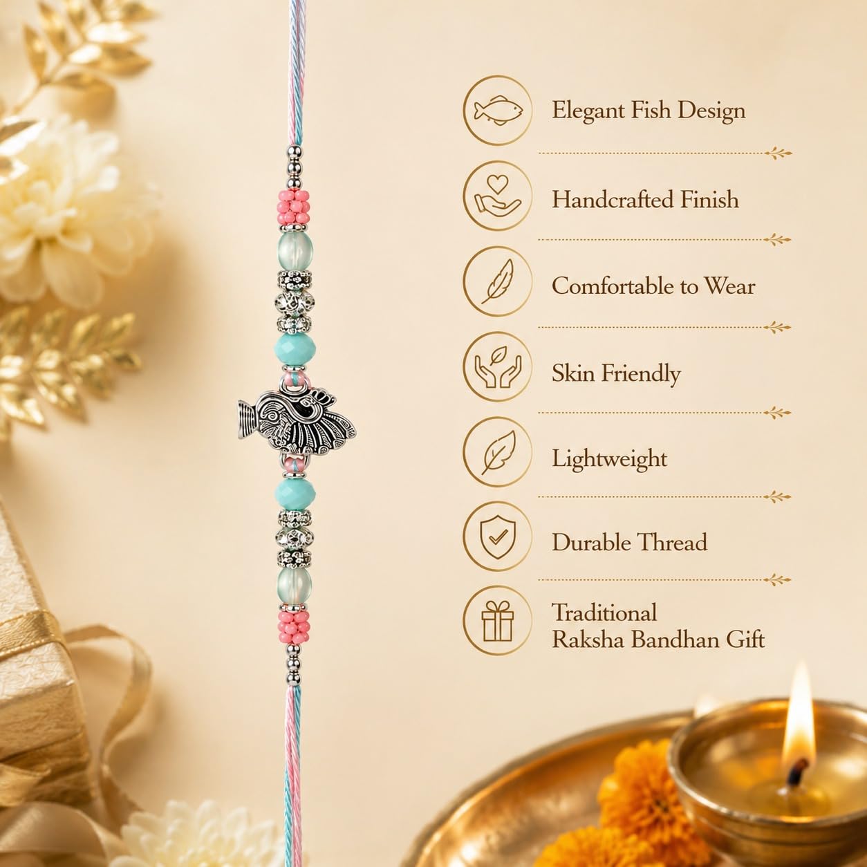 Nishsphere Pearl & Meenakari Designer Bhaiya Rakhi with Roli Chawal, Traditional Moli Raksha Bandhan Bracelet for Brother - b