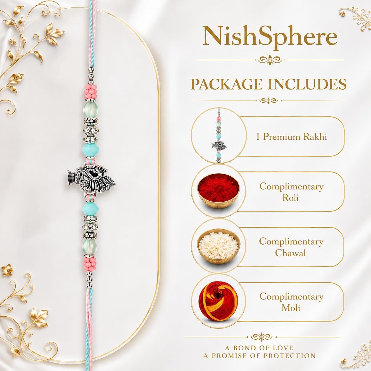 Nishsphere Pearl & Meenakari Designer Bhaiya Rakhi with Roli Chawal, Traditional Moli Raksha Bandhan Bracelet for Brother - p