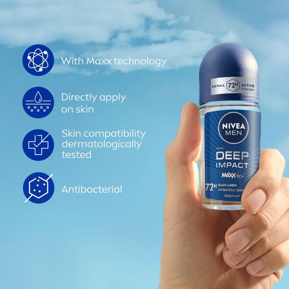NIVEA MEN Deodorant Roll On, 72 Hour Antiperspirant, 0% Alcohol, Dermatologically Approved - back view (32)