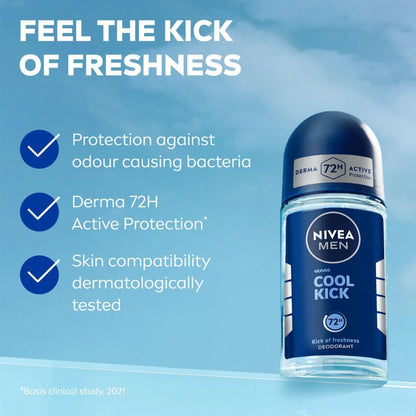NIVEA MEN Deodorant Roll On, 72 Hour Antiperspirant, 0% Alcohol, Dermatologically Approved - packaging