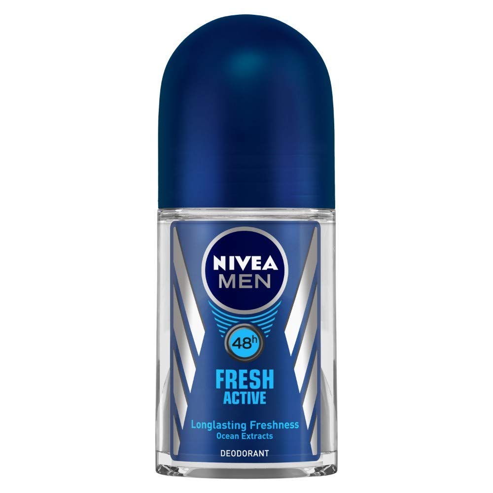 NIVEA MEN Fresh Active Deodorant Roll On, 0% Alcohol, Ocean Extracts Scent, Antiperspirant for Men - front view (10)