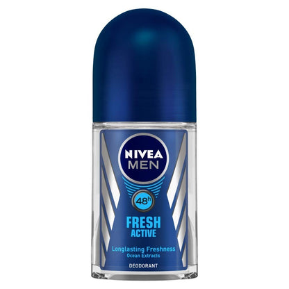 NIVEA MEN Fresh Active Deodorant Roll On, 0% Alcohol, Ocean Extracts Scent, Antiperspirant for Men - front view (10)