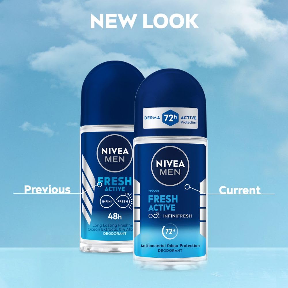 NIVEA MEN Fresh Active Deodorant Roll On, 0% Alcohol, Ocean Extracts Scent, Antiperspirant for Men - front view