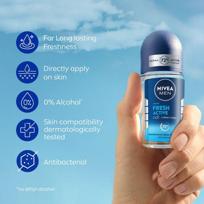 NIVEA MEN Fresh Active Deodorant Roll On, 0% Alcohol, Ocean Extracts Scent, Antiperspirant for Men - back view