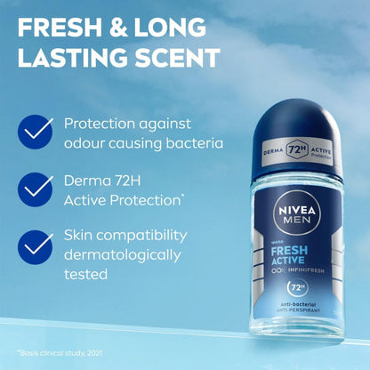 NIVEA MEN Fresh Active Deodorant Roll On, 0% Alcohol, Ocean Extracts Scent, Antiperspirant for Men - packaging