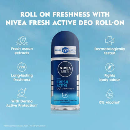 NIVEA MEN Fresh Active Deodorant Roll On, 0% Alcohol, Ocean Extracts Scent, Antiperspirant for Men - ingredients panel