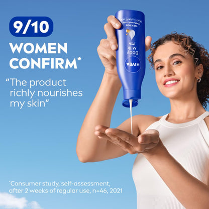 NIVEA Nourishing Body Milk Deep Moisture Serum Body Lotion with Almond Oil, 48H Moisture, for Very Dry Skin - back view (11)