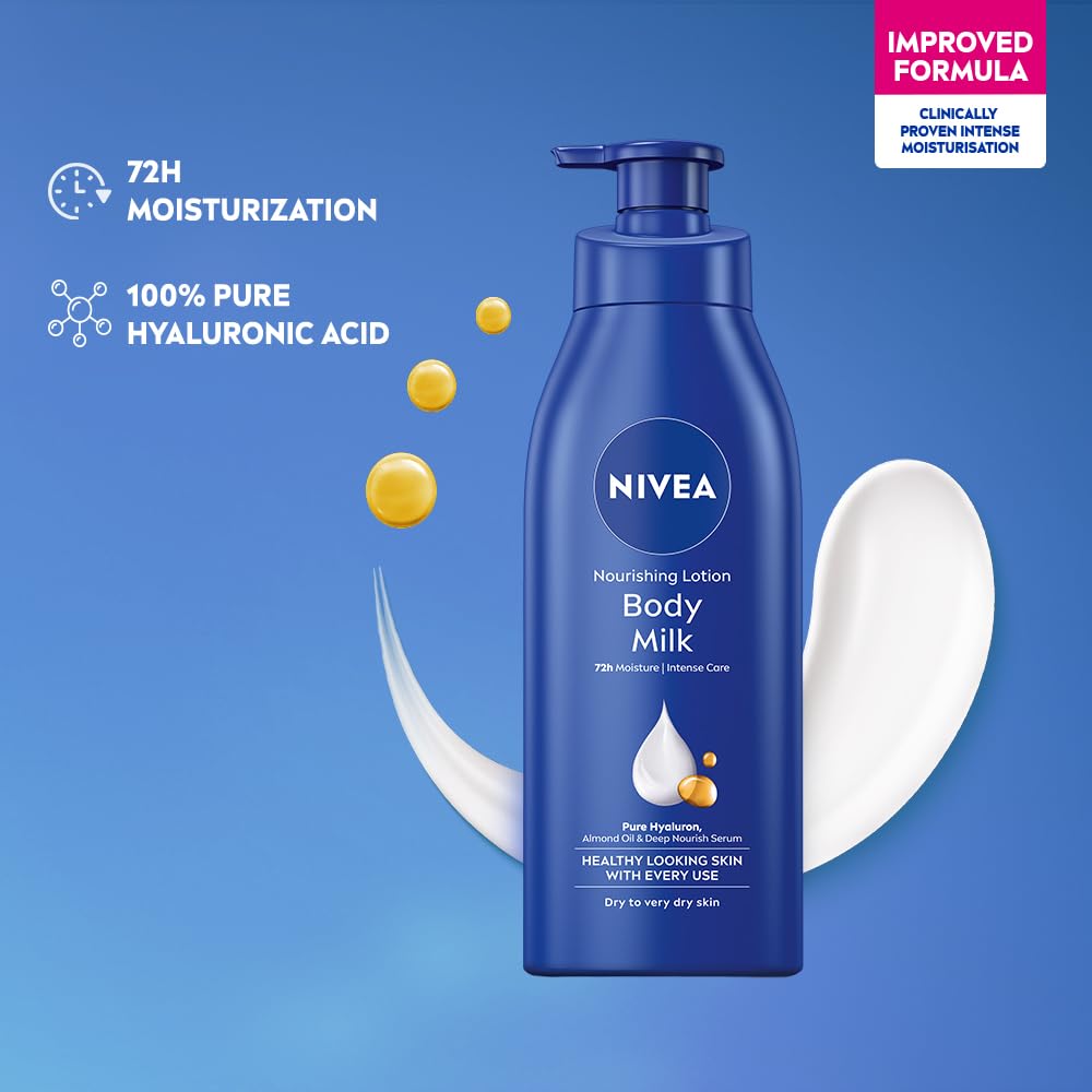 NIVEA Nourishing Body Milk Deep Moisture Serum Body Lotion with Almond Oil, 48H Moisture, for Very Dry Skin - label detail (2