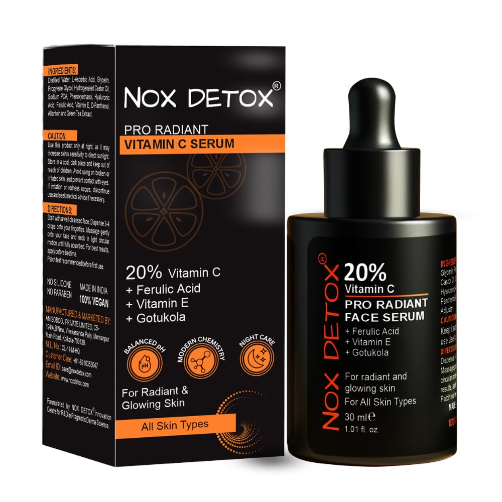 NOX 20% Vitamin C Face Serum with Ferulic Acid, Vitamin E & Gotu Kola | , Brightening & Glowing Skin Serum for Men & Women |