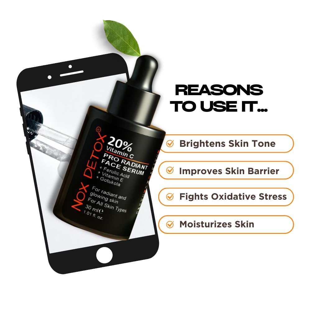 NOX 20% Vitamin C Face Serum with Ferulic Acid, Vitamin E & Gotu Kola | , Brightening & Glowing Skin Serum for Men & Women | 