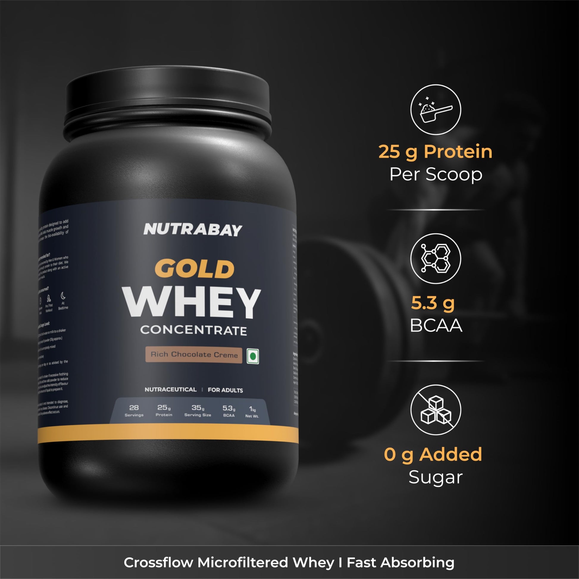 Nutrabay Gold Whey Protein Concentrate with Digestive Enzymes, 25g Protein, 5.3g BCAA, 3.9g Glutamic Acid per Serving - back 