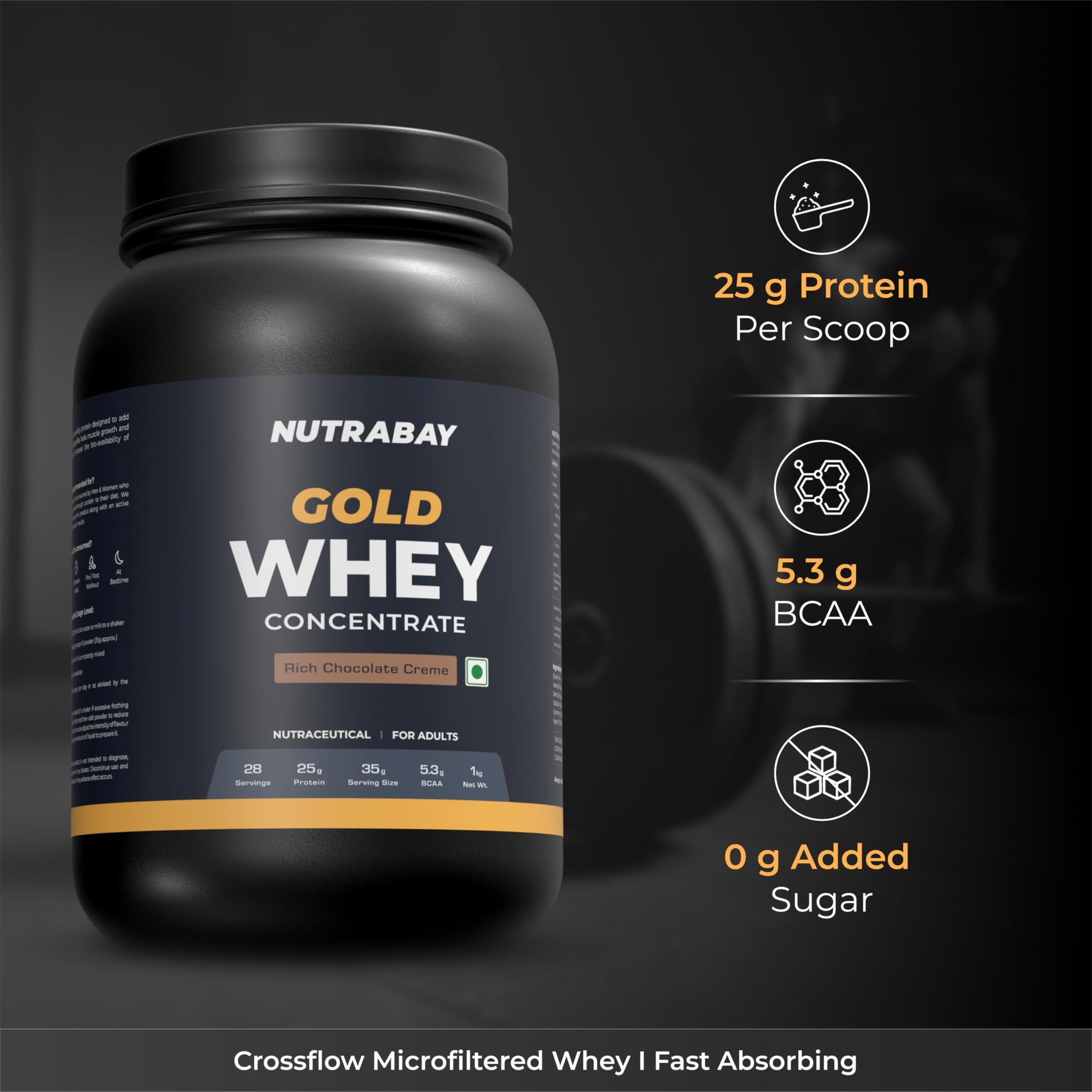 Nutrabay Gold Whey Protein Concentrate with Digestive Enzymes, 25g Protein, 5.3g BCAA, 3.9g Glutamic Acid per Serving - back 