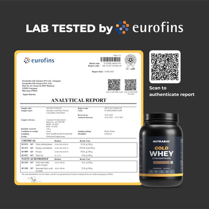 Nutrabay Gold Whey Protein Concentrate with Digestive Enzymes, 25g Protein, 5.3g BCAA, 3.9g Glutamic Acid per Serving - label