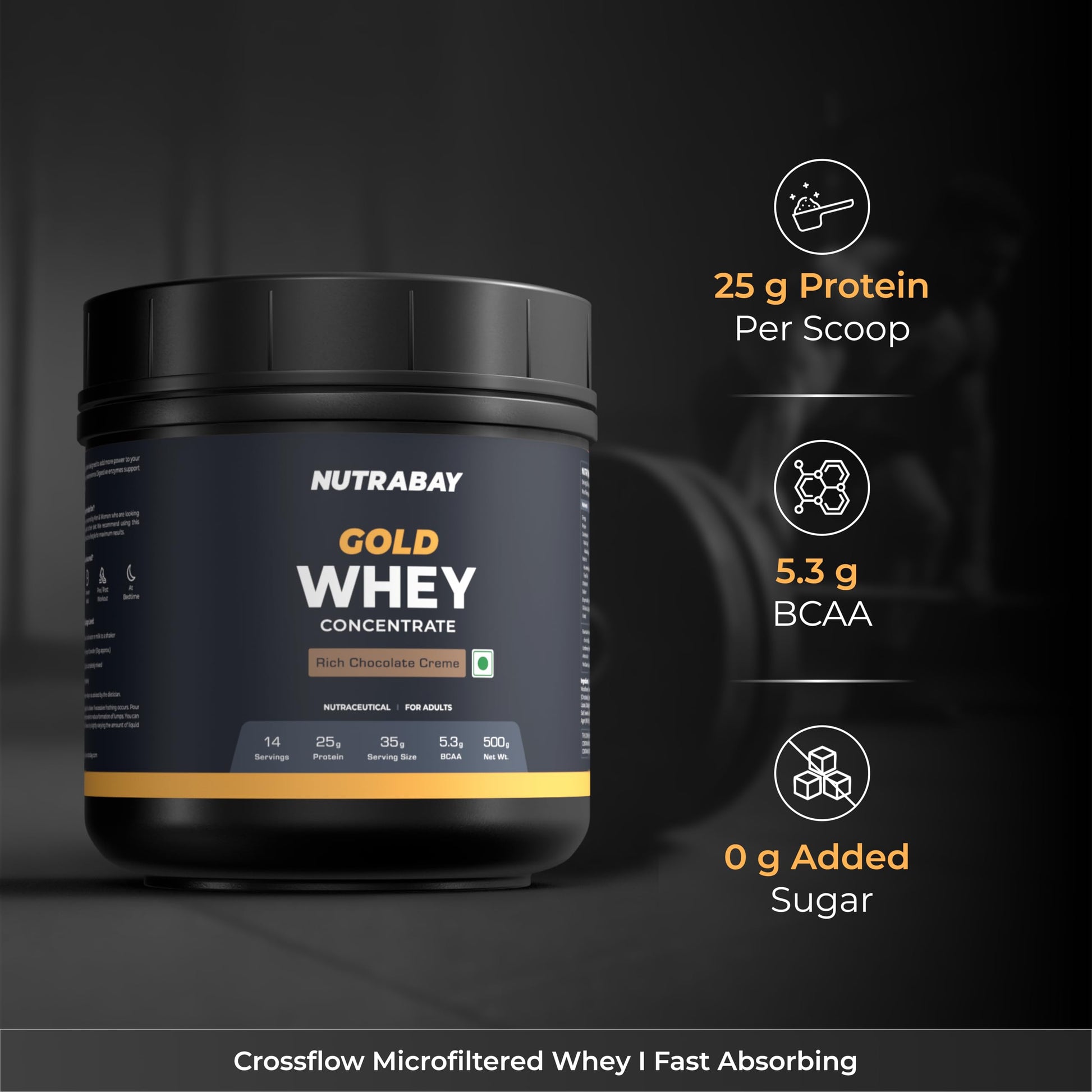 Nutrabay Gold Whey Protein Concentrate with Digestive Enzymes, 25g Protein, 5.3g BCAA, 3.9g Glutamic Acid per Serving - back