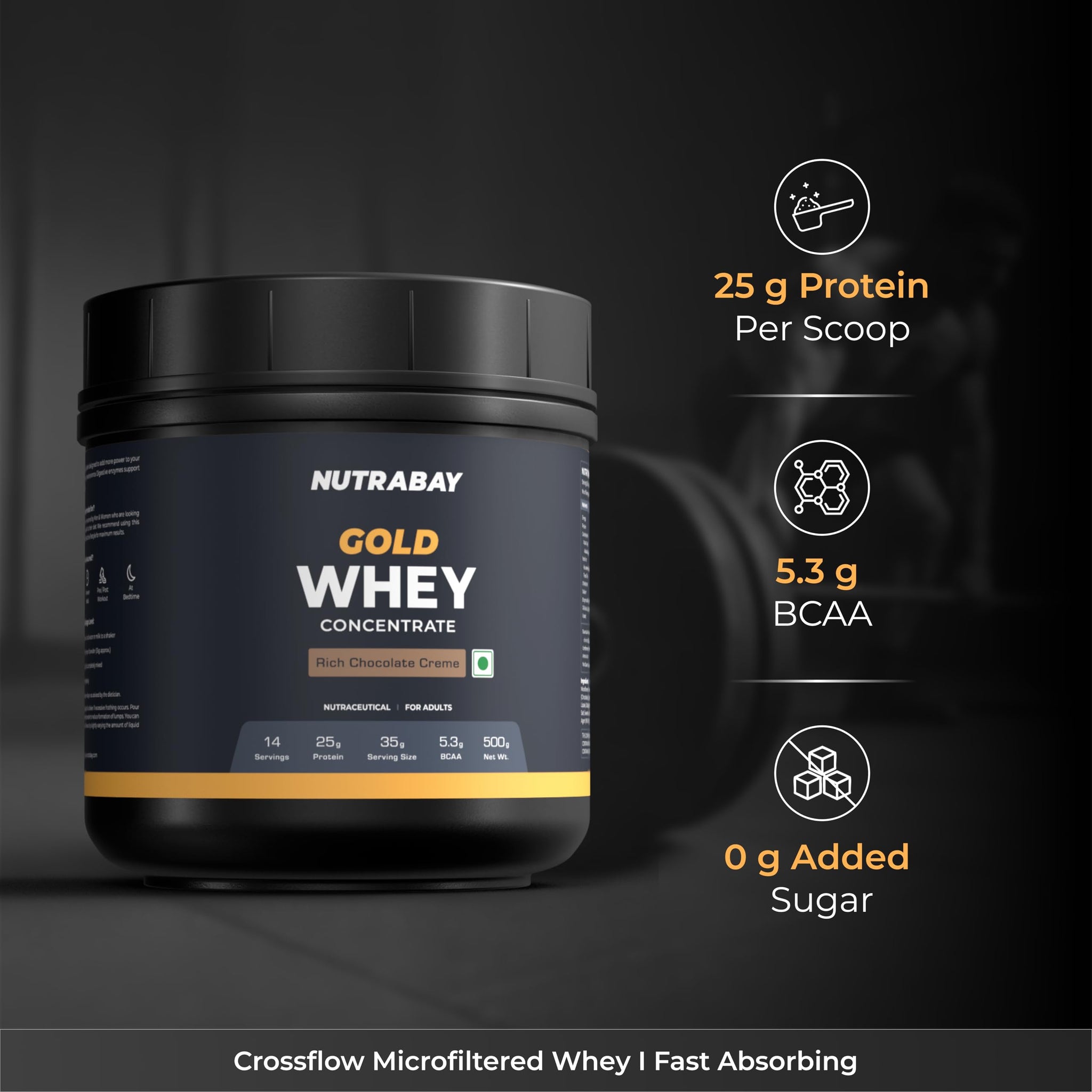 Nutrabay Gold Whey Protein Concentrate with Digestive Enzymes, 25g Protein, 5.3g BCAA, 3.9g Glutamic Acid per Serving - back