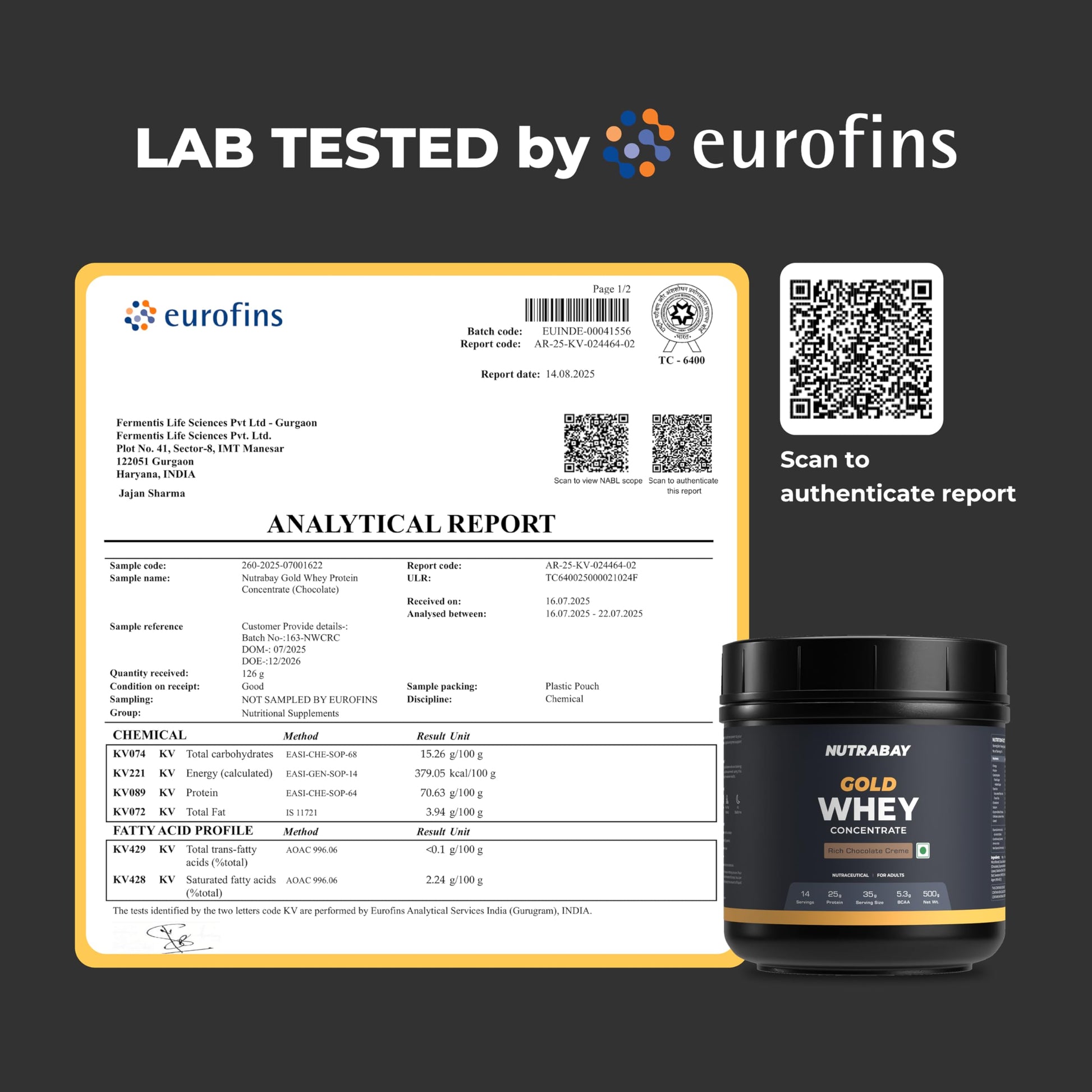 Nutrabay Gold Whey Protein Concentrate with Digestive Enzymes, 25g Protein, 5.3g BCAA, 3.9g Glutamic Acid per Serving - label