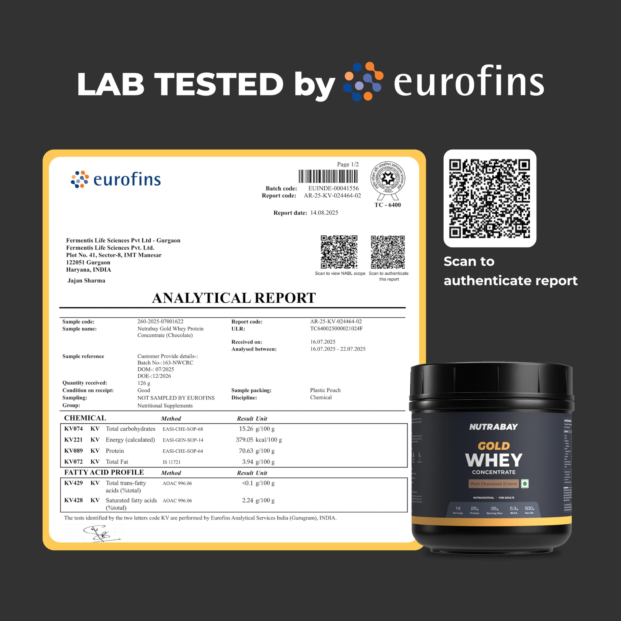 Nutrabay Gold Whey Protein Concentrate with Digestive Enzymes, 25g Protein, 5.3g BCAA, 3.9g Glutamic Acid per Serving - label