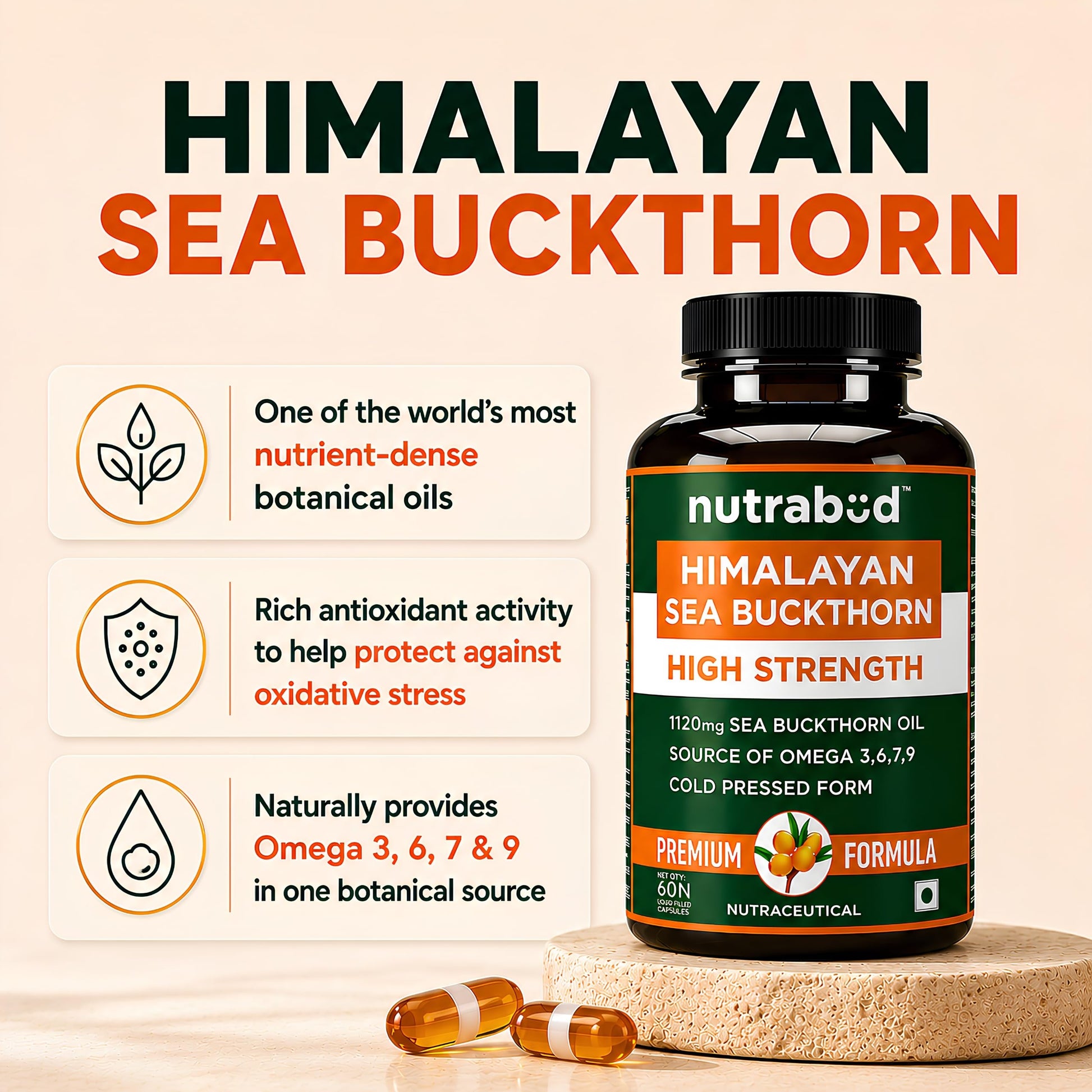 nutrabud Himalayan Sea Buckthorn Berry Oil Capsules, 1120mg, Cold-Pressed Omega 3-6-7-9, Vegetarian - back view