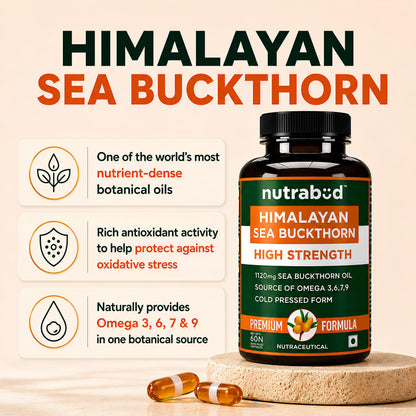 nutrabud Himalayan Sea Buckthorn Berry Oil Capsules, 1120mg, Cold-Pressed Omega 3-6-7-9, Vegetarian - back view