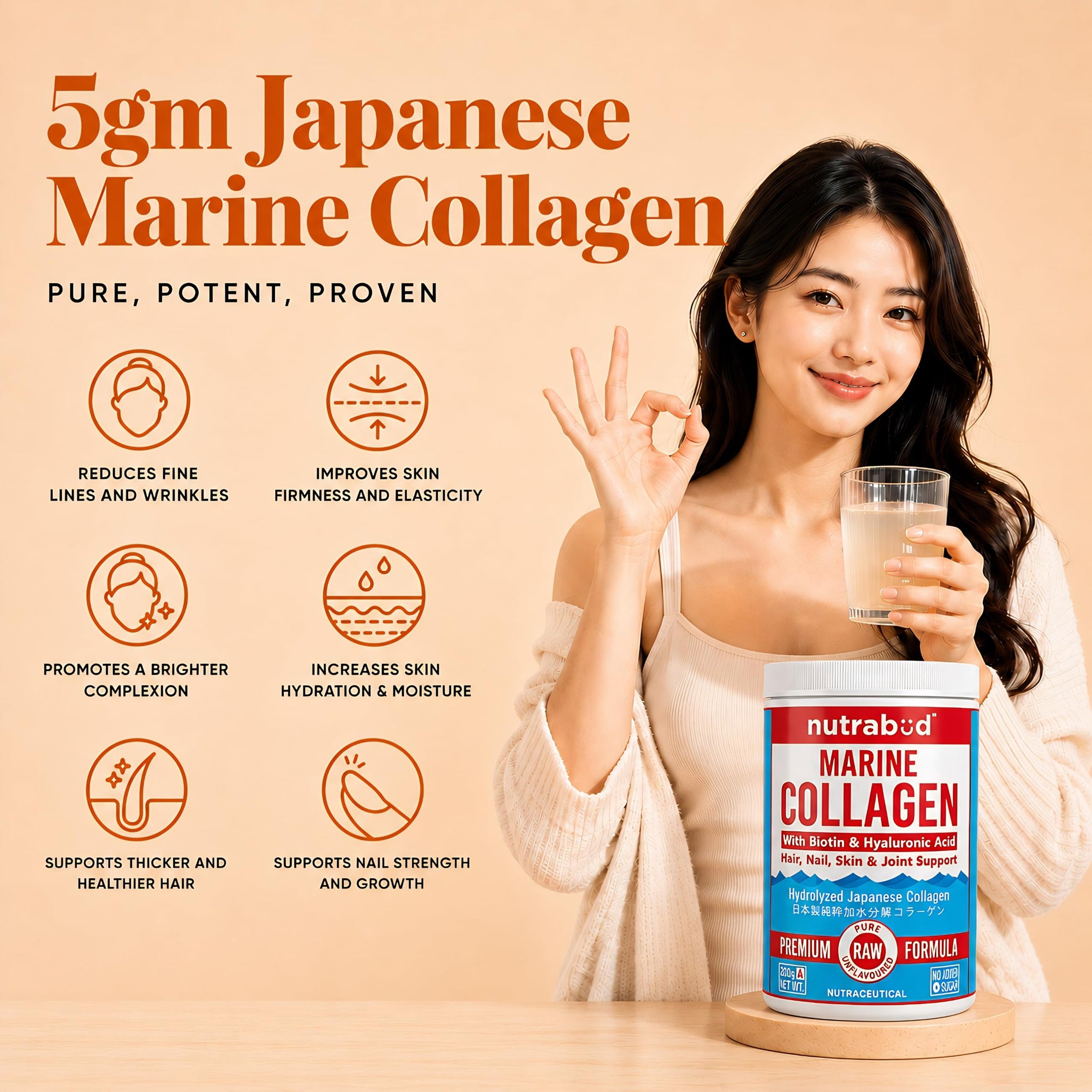 nutrabud Japanese Marine Collagen Powder Supplement, 200g, Hydrolyzed Type-1 Peptides, No Added Sugar, Unisex Adult - packagi