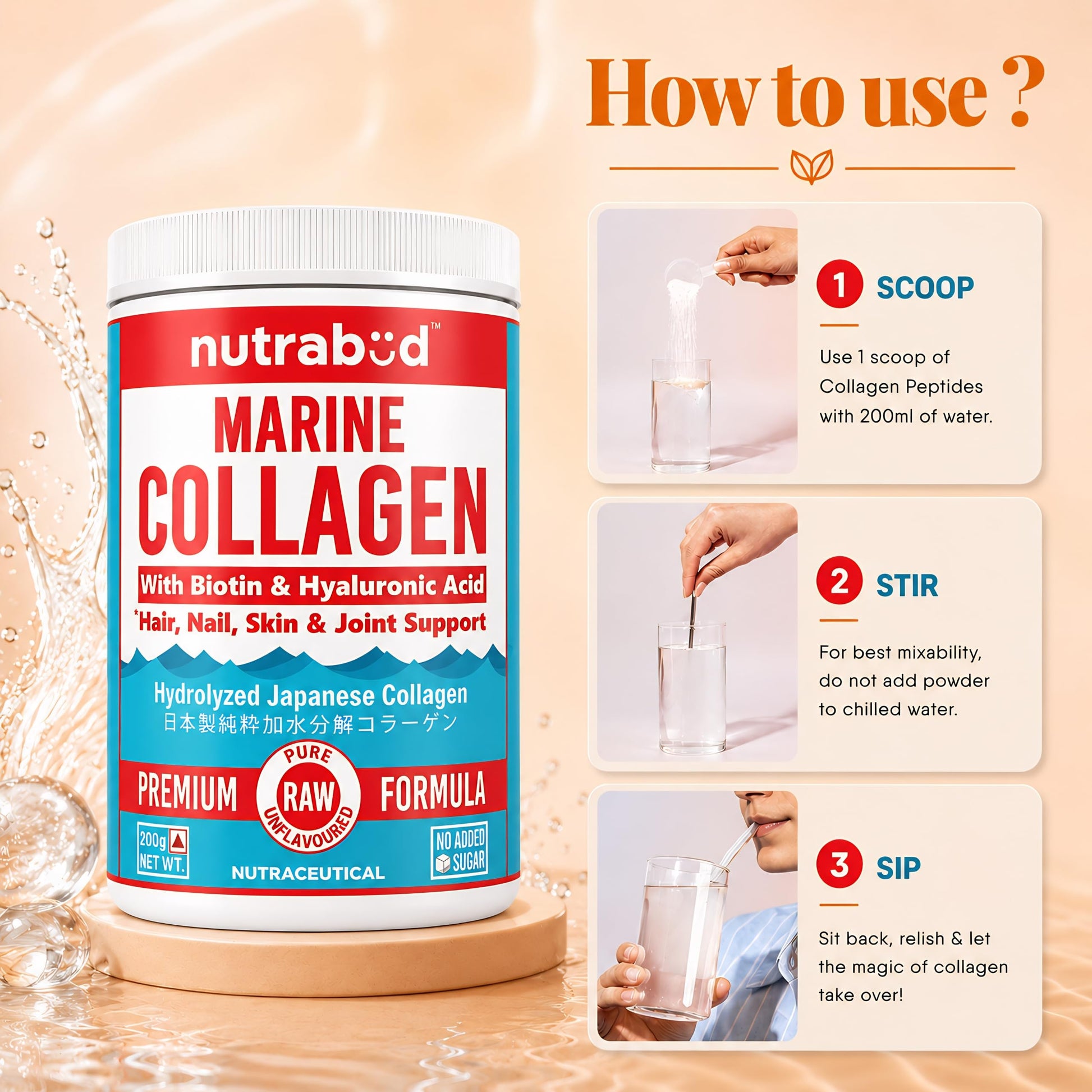 nutrabud Japanese Marine Collagen Powder Supplement, 200g, Hydrolyzed Type-1 Peptides, No Added Sugar, Unisex Adult - label d