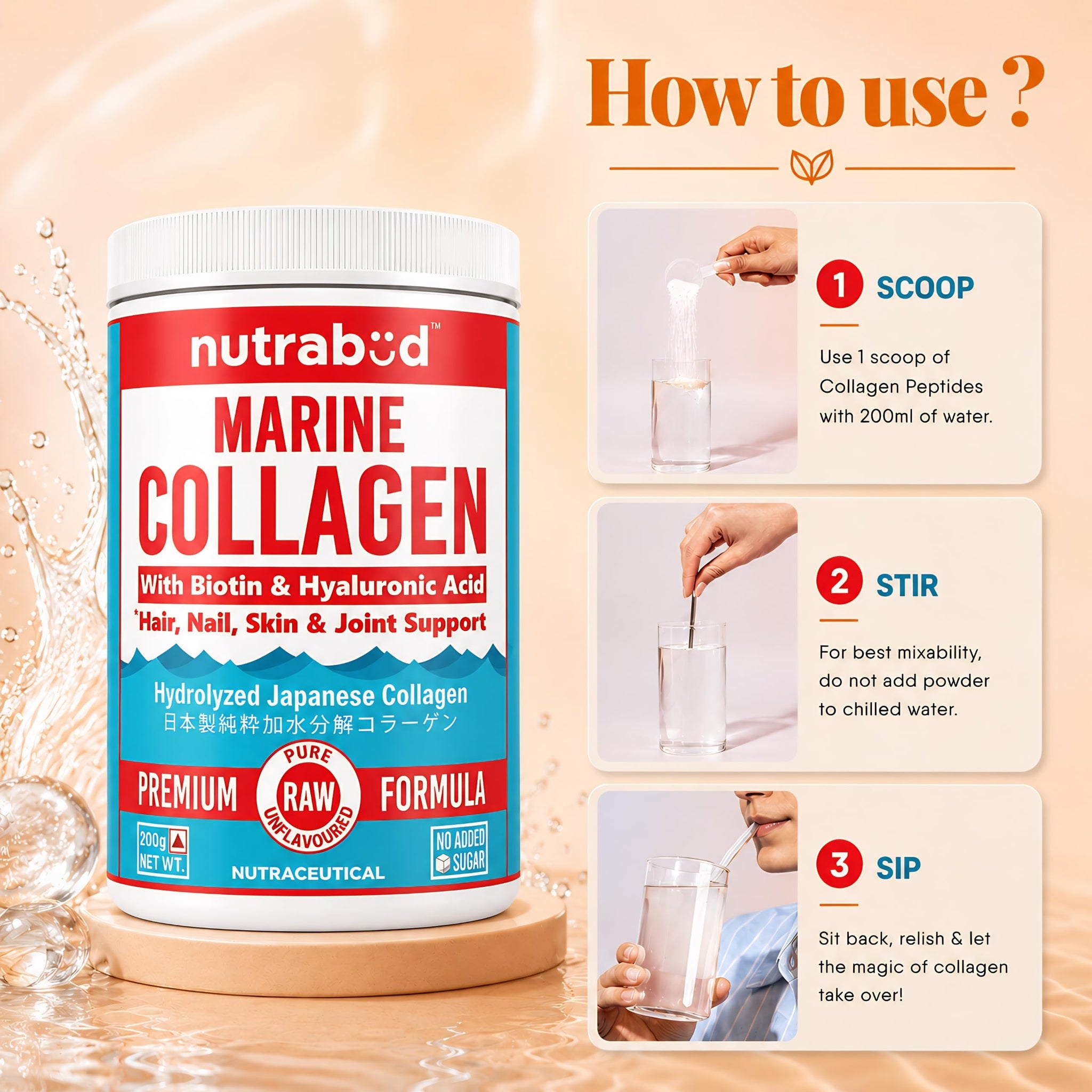 nutrabud Japanese Marine Collagen Powder Supplement, 200g, Hydrolyzed Type-1 Peptides, No Added Sugar, Unisex Adult - label d