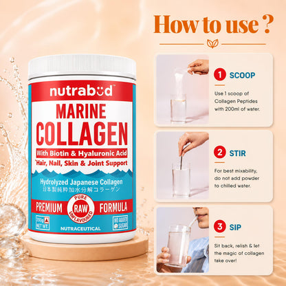 nutrabud Japanese Marine Collagen Powder Supplement, 200g, Hydrolyzed Type-1 Peptides, No Added Sugar, Unisex Adult - label d