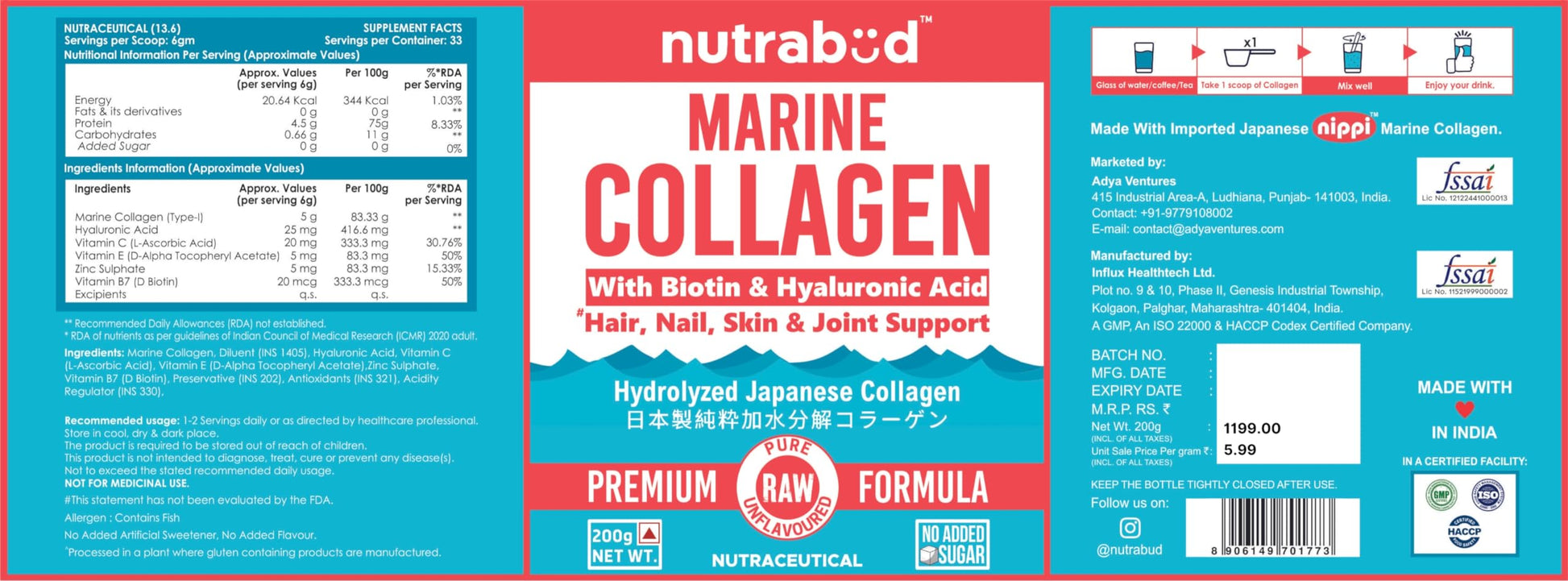 nutrabud Japanese Marine Collagen Powder Supplement, 200g, Hydrolyzed Type-1 Peptides, No Added Sugar, Unisex Adult - close-u